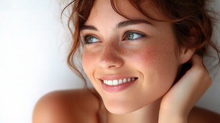 Naklejka premium Bright and Joyful Portrait of a Young Woman with Freckles and Natural Beauty, Showcasing Her Radiant Smile and Lively Expressions in Soft Lighting