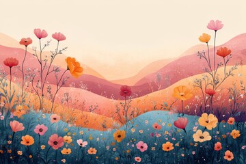 Fototapeta premium Floral Landscape with Warm Hues and Rolling Hills