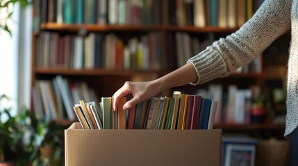 Woman Organizing Colorful Books in a Cardboard Box Near a Bookshelf Filled with Literature and Greenery in a Cozy Indoor Environment