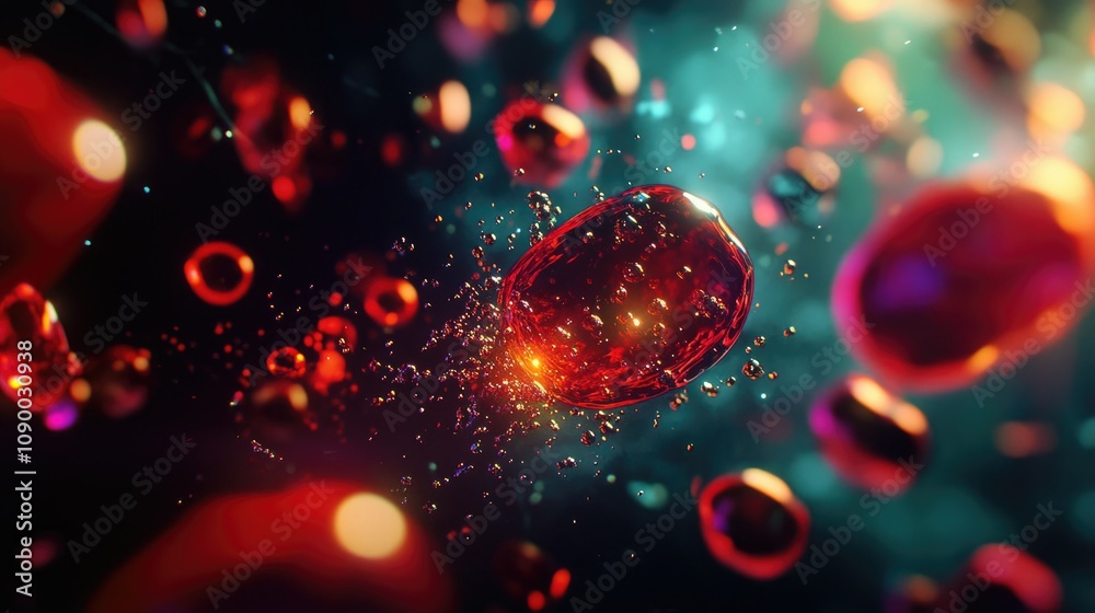 Poster a close-up shot of red blood cells in motion, beautifully captured with vibrant hues and unique cell