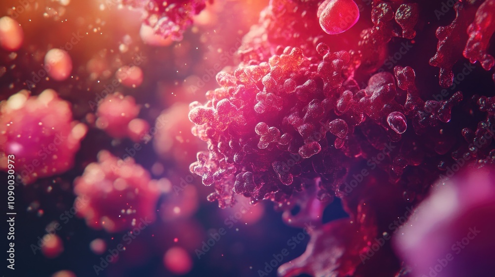 Poster a close-up shot of red blood cells in motion, beautifully captured with vibrant hues and unique cell