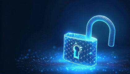 A glowing, digital padlock appears unlocked against a dark background, symbolizing cybersecurity and data protection.
