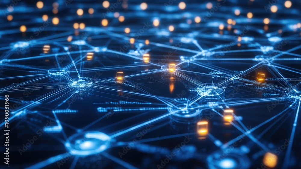 Poster A futuristic abstract blue digital background with glowing data lines and interconnected nodes, symbolizing advanced technology.