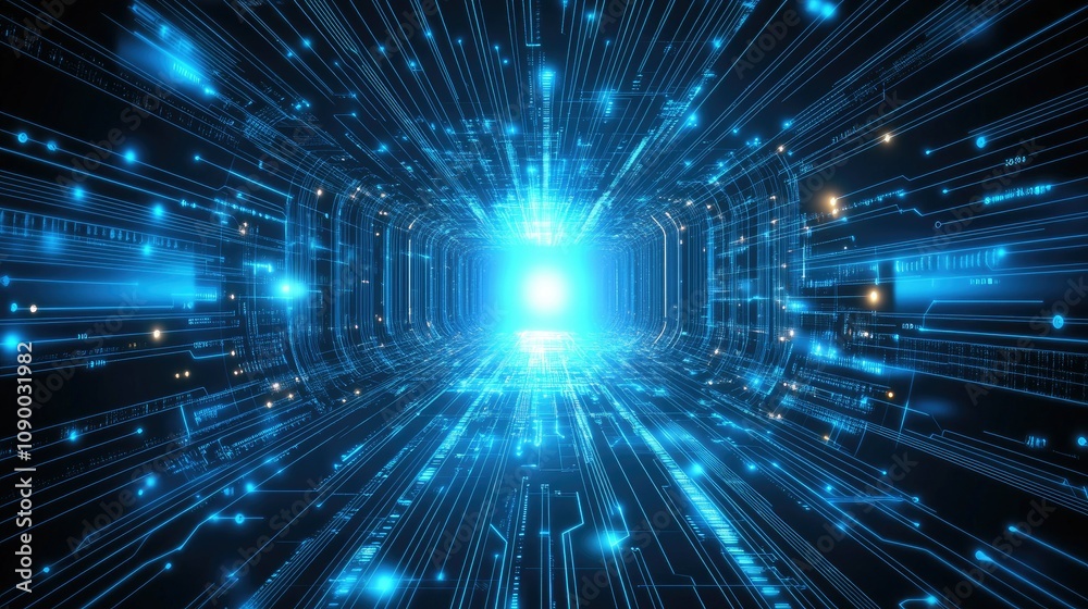 Poster a futuristic abstract blue digital background with glowing data lines and interconnected nodes, symb