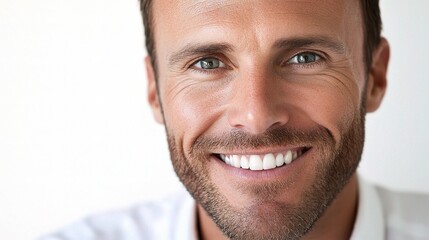 Fototapeta premium Close-Up Portrait of a Cheerful Man with Bright Smile and Engaging Eyes, Showcasing Positive Emotions and Friendly Demeanor in a Natural Setting