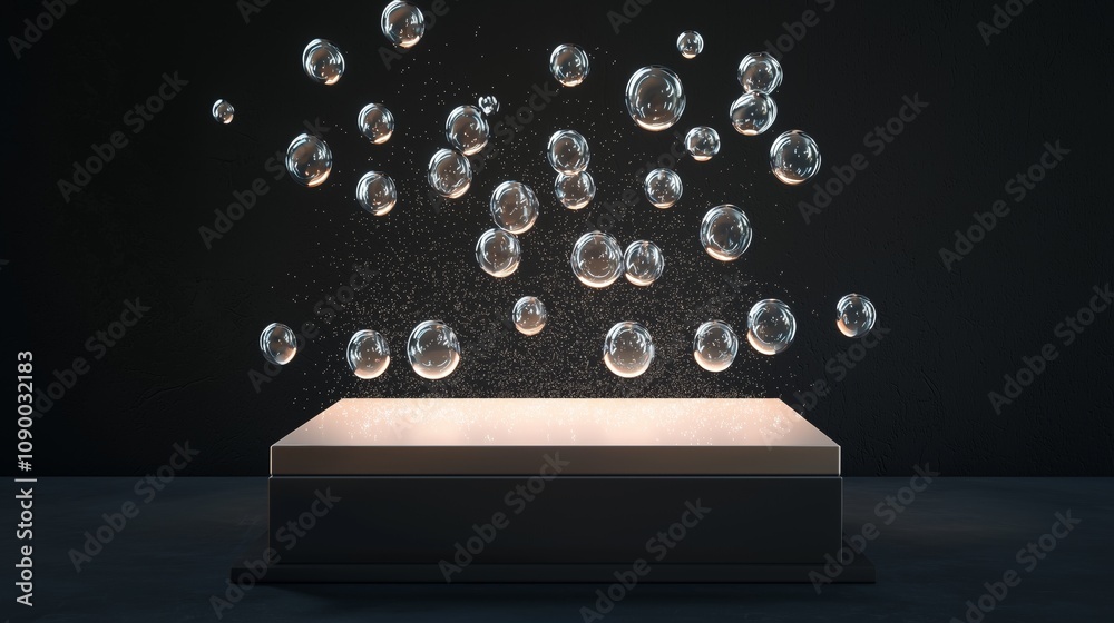 Poster floating bubbles above a glossy surface in a dark setting with a soft shimmering light, creating an 