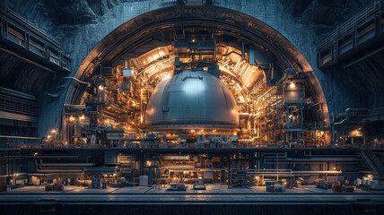 Obraz premium detailed 3D rendering of nuclear facility interior, showcasing intricate machinery and glowing lights, creating dramatic and industrial atmosphere