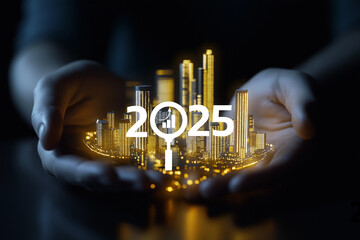 A futuristic cityscape emerges from hands, symbolizing innovation and growth, with 