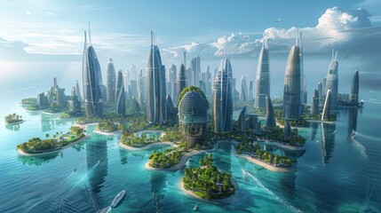 Fototapeta premium Futuristic cityscape with lush islands and towering skyscrapers.