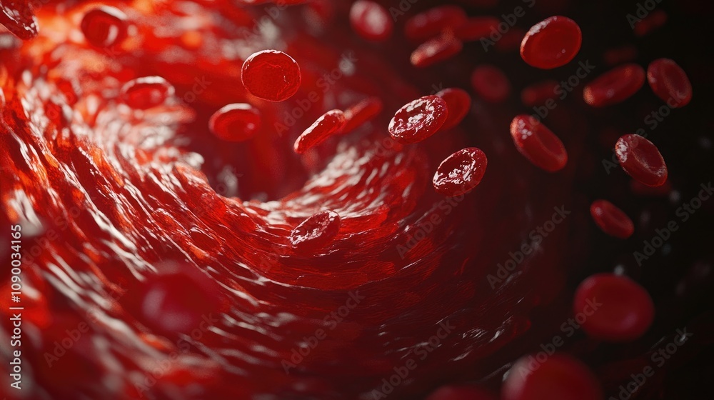 Poster close-up of red blood cells swirling through the bloodstream, capturing their intricate structure an