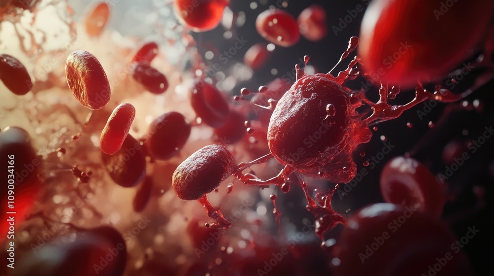 Poster close-up of red blood cells swirling through the bloodstream, capturing their intricate structure an