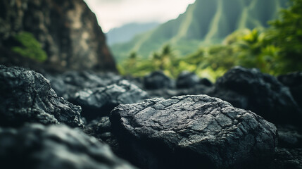 Fototapeta premium Lava Rock Close-Up in Oahu Mountains with Vibrant Greenery