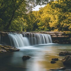 A serene waterfall surrounded by lush greenery and calm waters, evoking tranquility.