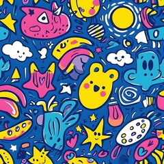 Fototapeta premium Seamless Pattern with Fun Hand-Drawn Doodle Elements, Vibrant and Animated Style