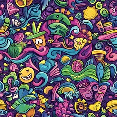 Obraz premium Seamless Pattern with Fun Hand-Drawn Doodle Elements, Vibrant and Animated Style