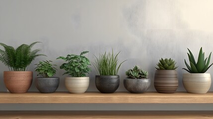 Fototapeta premium Collection of houseplants in modern ceramic pots, including ferns, succulents, and a small fiddle-leaf fig, arranged on wooden shelves in a minimalist room.