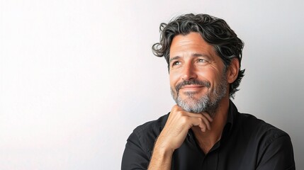Obraz premium Thoughtful Portrait of a Middle-Aged Man with Curly Hair Smiling and Contemplating in a Studio Setting with a Light Background