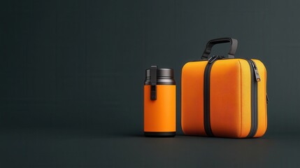 Product Design Innovation Optimization Concept: A vibrant orange travel bag and a matching insulated flask against a dark background, showcasing a modern and stylish design.