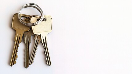 A Close-Up View of a Set of Metal Keys on a White Background, Ideal for Home Security and Lock Access Imagery in Stock Photography