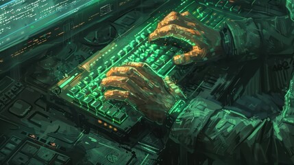 Fototapeta premium A digital scene depicting hands typing on a glowing keyboard.