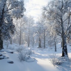 A serene winter landscape with snow-covered trees and a tranquil atmosphere.