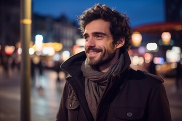 Portrait of a handsome young man smiling in the city at night