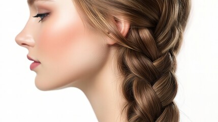 Fototapeta premium Portrait of a Young Woman with a Stylish Side Braid Captured in Gigapixel Quality, Showcasing Smooth Skin and Delicate Features Against a Clean Background