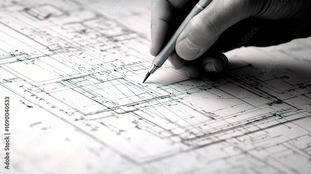 Poster detailed hand drawing architectural plans with precision tools on a blueprint background showing com
