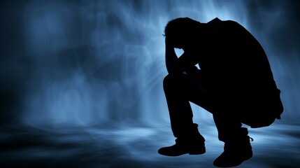 Person sitting alone in dimly lit room, holding head with both hands, showing deep emotional distress and inner turmoil, isolated and contemplative moment.	
