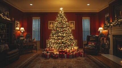 Fototapeta premium Christmas tree in a cozy living room with presents.