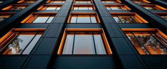 Obraz premium Modern Architecture Illuminated Facade of a Sleek Glass and Steel Skyscraper at Dusk