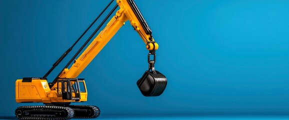 Powerful Yellow Crane with Black Claws on Blue Background - Heavy Lifting Equipment