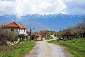 A photo of the small village architecture houses, road leading to snowy mountains in the background, green grass on both sides of the street, spring season, sunny day.