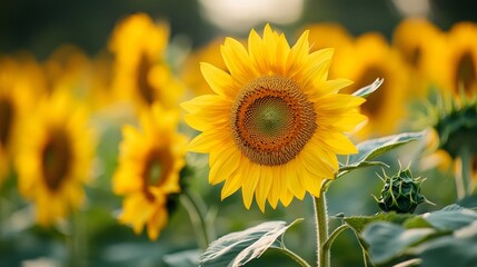 Fototapeta premium Vibrant sunflowers in full bloom under a sunny sky, showcasing their golden petals and lush green stems. A perfect representation of summer beauty, nature's vibrance, and agricultural abundance.
