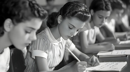 Vintage Classroom Scene in Black and White