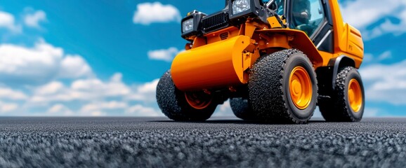 Powerful Orange Loader on Fresh Asphalt, Construction Vehicle Close-Up