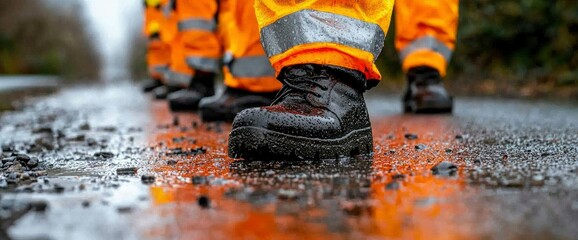 Close-up of Safety Boots on Wet Asphalt, Workers in Orange High Visibility Clothing