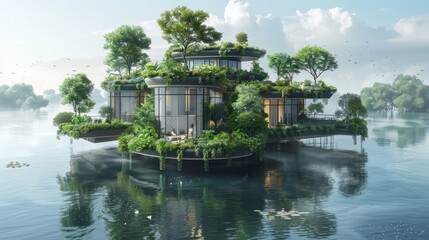 Obraz premium A futuristic eco-friendly floating habitat surrounded by greenery.