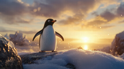 Obraz premium penguin stands majestically on snowy mountain, basking in warm glow of sunset. serene landscape creates peaceful atmosphere, highlighting beauty of nature
