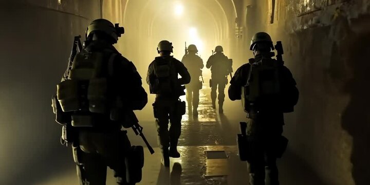Elite commando team navigating through the dark corridors of a castle to free hostages, 4K Video