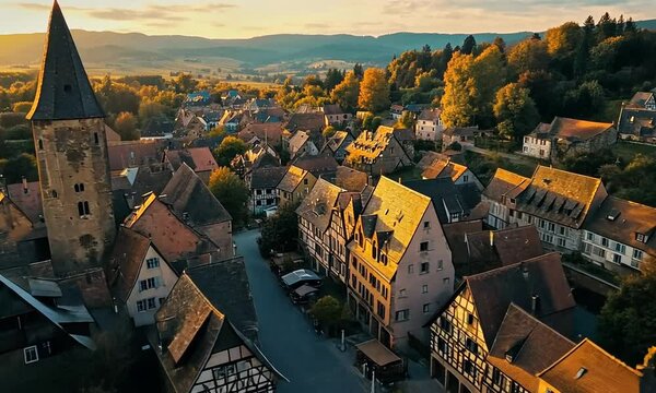 Golden Hour Aerial View of a Picturesque Medieval European Village