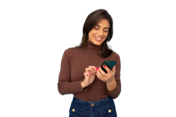 Focused Latina woman in business attire checking her phone