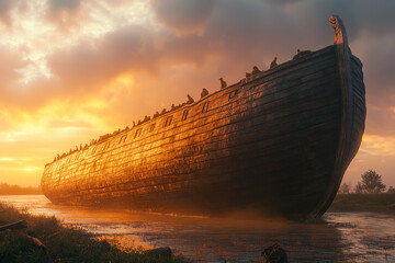 Noah's ark on the beach at sunset