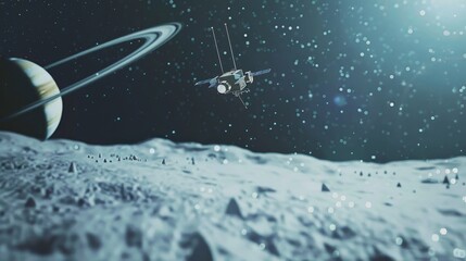 Naklejka premium Futuristic spacecraft hovering above icy Uranus surface, distant stars and faint rings visible, symbolizing outer solar system exploration with advanced technology. 