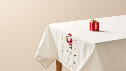 Generative AI, Minimalist festive table setting with Santa Claus embroidery