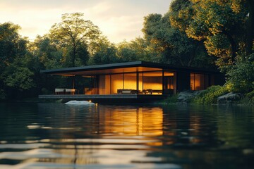 Fototapeta premium A modern glass house by a serene lake, surrounded by lush greenery at sunset.