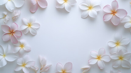 Fototapeta premium Delicate plumeria flowers arranged on white background create serene and calming atmosphere, perfect for various design projects