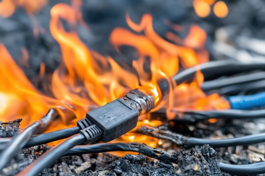 Close-up of electrical cables catching fire, showing flames, melted wires, and the danger of overheating or short circuits.