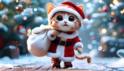 サンタクロースになりきる子猫