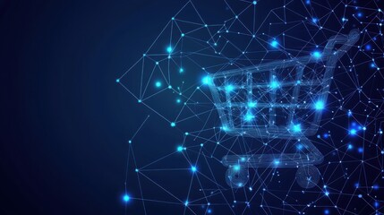 Obraz premium A digital representation of a shopping cart, composed of interconnected lines and glowing dots, symbolizing e-commerce and technology.